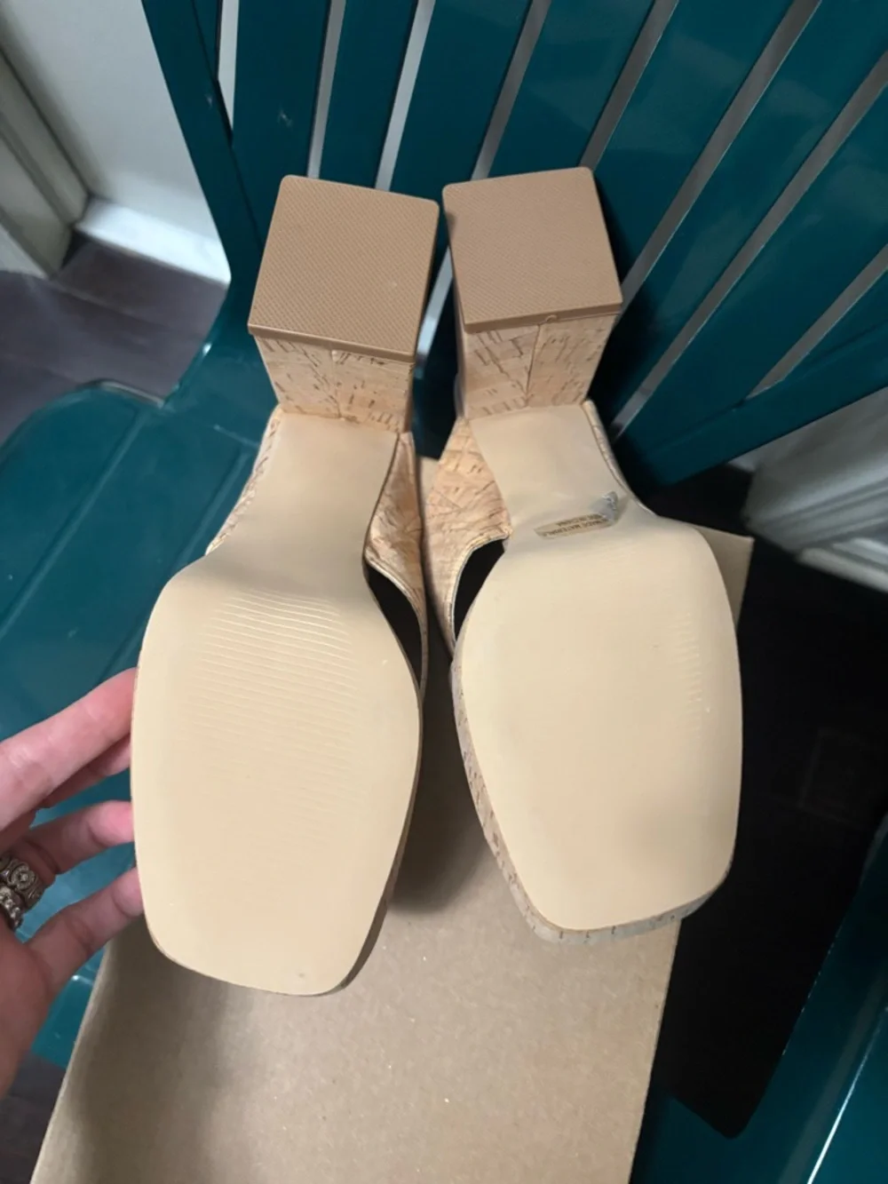 Dolce Vita Tan Cork Crossover Block Heel Slides. DV Dolce Vita womens Boscoe